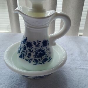 Avon Blue/White Blue Delft Like Pattern Milk Glass Pitcher with Stopper